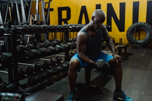 Middle-aged man lifting dumbbells in gym, focusing on strength training and fitness.