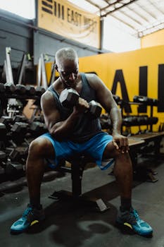 Strong man lifting dumbbell in gym, showcasing muscle strength and fitness training.
