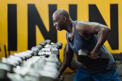 Strong senior man focusing on strength training with dumbbells in a vibrant gym.