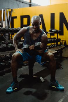 An athletic man working out with dumbbells in a vibrant gym setting, showcasing strength and fitness.