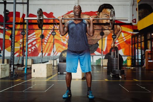 Strong man lifting a barbell inside a gym with colorful mural, emphasizing fitness and strength.