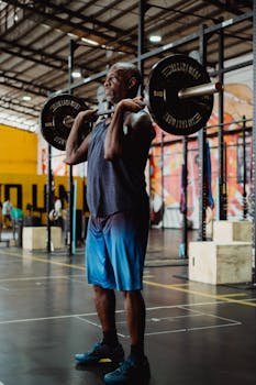 A man lifts weights in an indoor gym setting, focusing on strength and fitness.