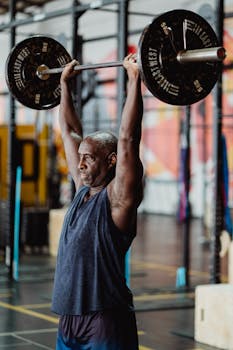 An older man exercises with a barbell in a brightly lit gym.