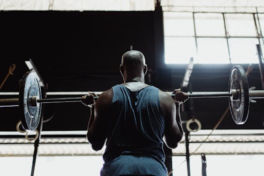 A muscular man lifting a barbell indoors, showcasing strength and fitness.