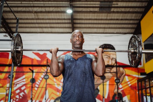 Middle-aged man engaged in weightlifting at a colorful urban gym, showcasing strength and focus.