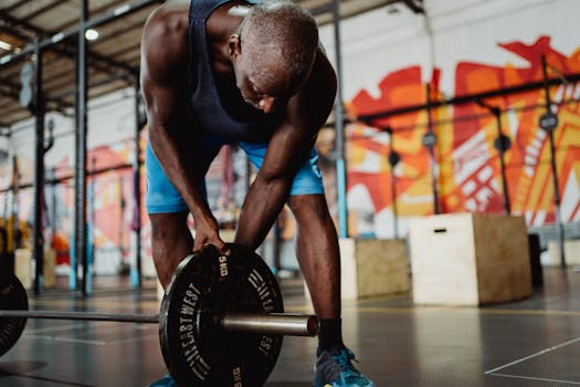 Athletic man lifting weights in a modern gym with urban art decor, showcasing strength and fitness.