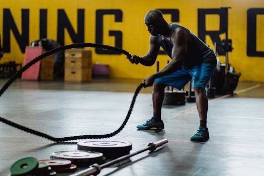 Adult man exercising with battle ropes in a gym against a yellow wall, showcasing strength and fitness.