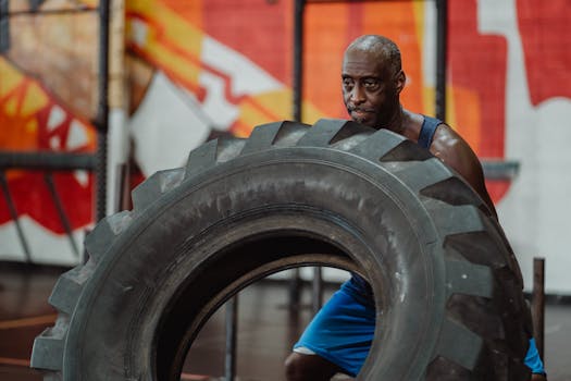 Adult man flipping a large tire in a gym, showcasing strength and dedication.