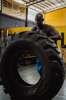 Athlete pushing limits with a challenging tire flip exercise in a gym setting.