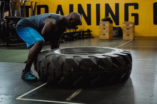 Athletic man performing strength training by lifting a large tire in the gym.