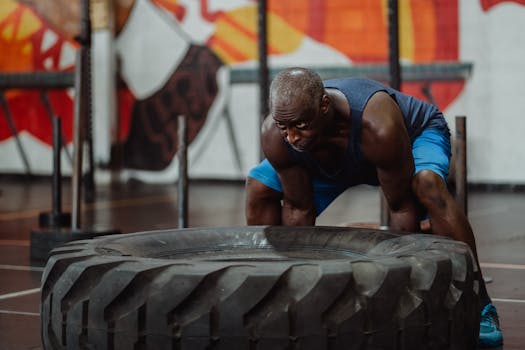 An athletic man engaged in a strength workout, flipping a large tire in a gym.