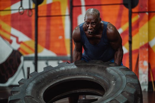 Muscular senior man engaging in intense tire flip workout indoors in a colorful urban gym setting.
