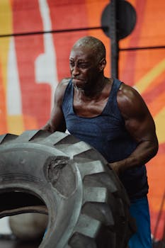 Strong man lifting a massive tire in a gym, showcasing physical strength and determination.