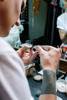 Close-up of person applying makeup in a dressing room setting with cosmetics nearby.
