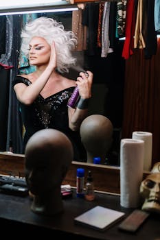 A glamorous drag queen fixing a wig in a dressing room setting.