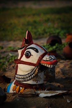 Vibrant horse head sculpture on sandy ground amidst scattered pottery.