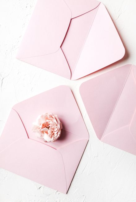 Top view of delicate flower on seal flap of light blue unsealed envelope in light of lamps on white background