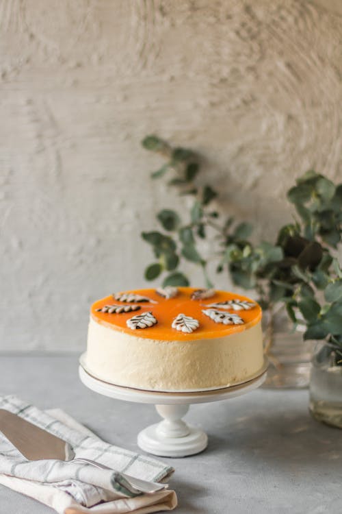 Light beige cake covered with edible decorative elements on orange jelly near kitchen utensils on dish towel in room with uneven walls and green pot plants