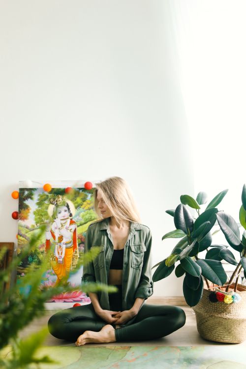 Free Woman practicing meditation surrounded by plants and vibrant artwork for wellness. Stock Photo