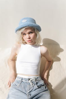 Stylish woman in a blue hat sitting against a light background, exuding individuality.
