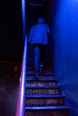 Man in Blue and White Plaid Dress Shirt and Black Pants Standing on Staircase