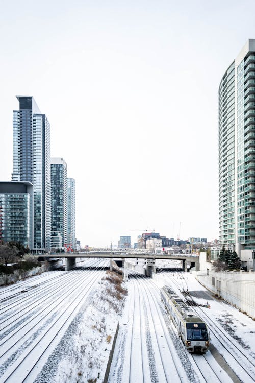 Kostnadsfri bild av kollektivtrafik, skyskrapor, snö