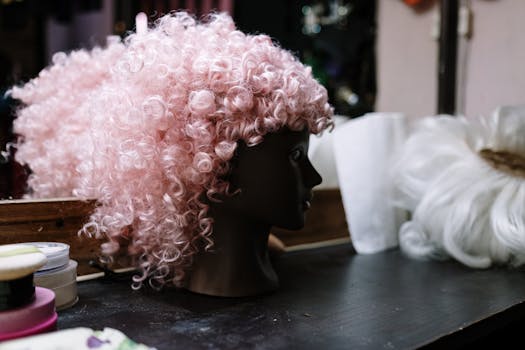 A curly pink wig placed on a mannequin head in an indoor dressing room setting.