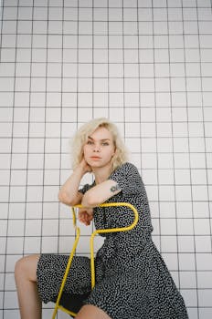 Blonde teenage girl in polka dot dress sitting on chair against grid background.