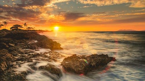 Ocean Waves Crashing on Rocks during Sunset