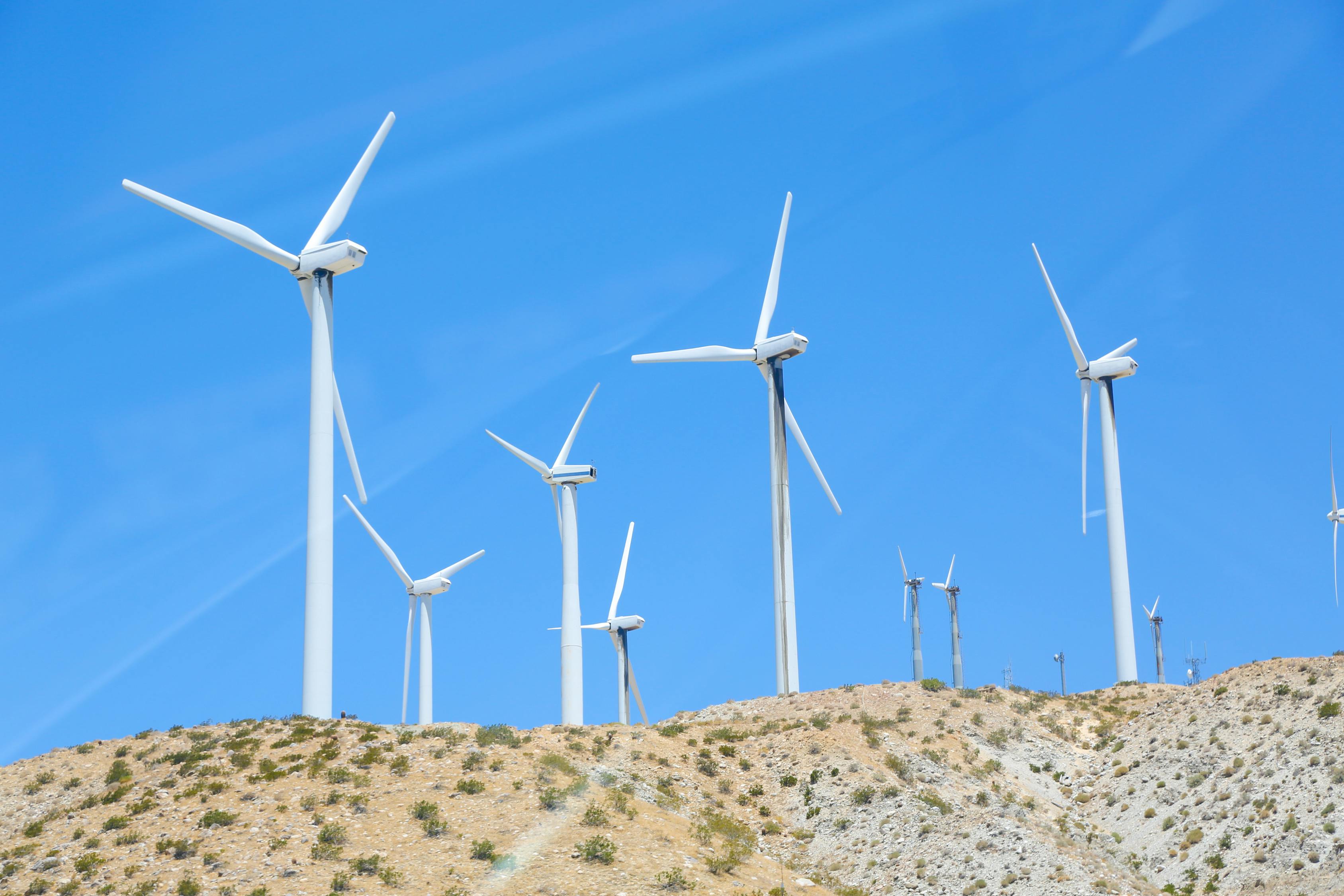 Rows of wind turbines on slope in field · Free Stock Photo