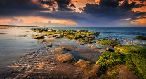 Free Mossy rocks on a serene beach with a dramatic sky at sunset create a stunning seascape. Stock Photo