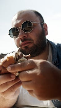 A bearded man wearing sunglasses enjoys a burger outdoors, capturing a casual lifestyle moment.