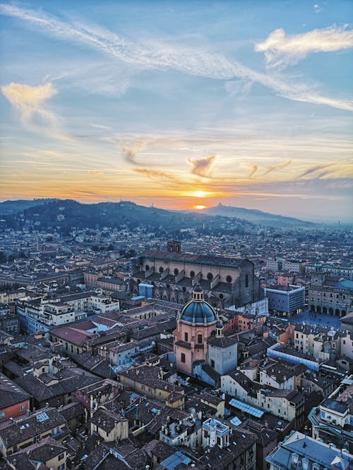 An Aerial View of a City during Sunset