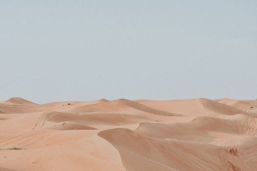 Vast desert landscape with smooth sand dunes under a clear blue sky.