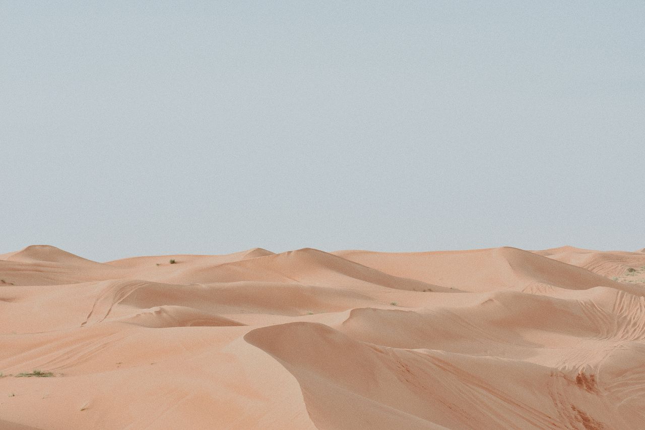 vast desert landscape with smooth sand dunes under a clear blue sky