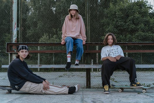 Group of teenagers hanging out together with skateboards at a park.
