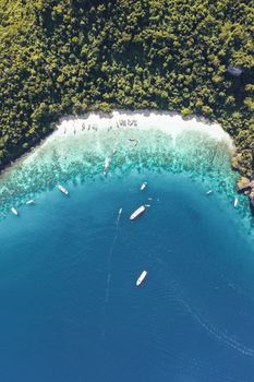 从空中俯瞰，泰国甲米的碧绿海湾令人惊叹，其中充满了活力的海洋生物和郁郁葱葱的绿色植物