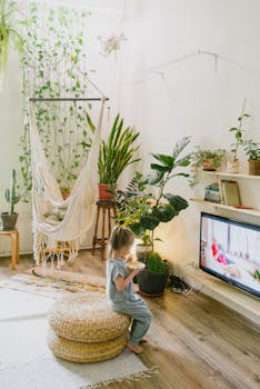 一个孩子穿着睡衣，在郁郁葱葱、满是植物的客厅里享受休闲时光