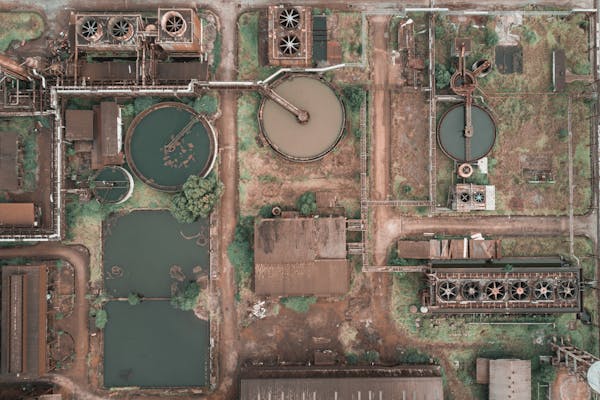 Aerial view of modern water recycling treatment plant