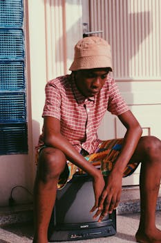 Young African American man in casual clothes and bucket hat sitting on old TV near wooden door and looking down in sunny day