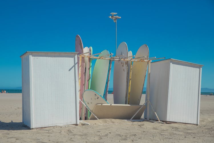 Surfboard Rack On Tropical Beach Resort