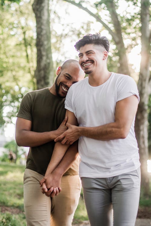 Free Two Happy Men Walking and Holding Hands  Stock Photo
