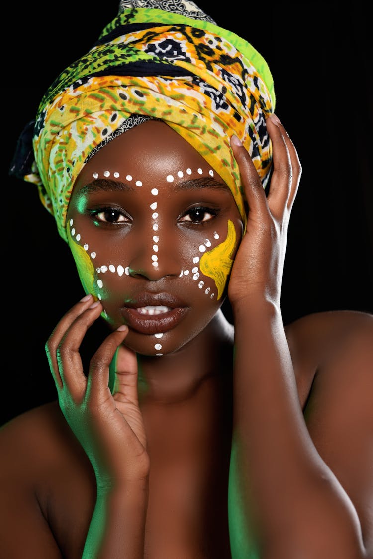 Woman With Colorful Scarves And Painted Face