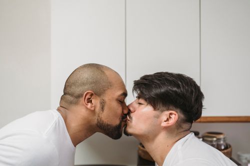 Free Close-up of an interracial same-sex couple sharing a tender kiss indoors. Stock Photo