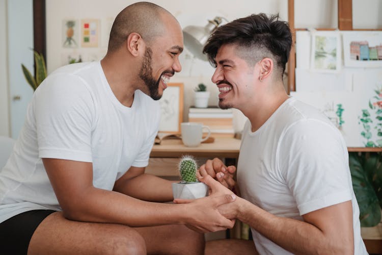 Man Gifting His Boyfriend Potted Cactus