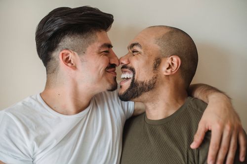 Free Close-up of a happy interracial gay couple embracing and smiling lovingly indoors. Stock Photo