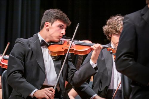 Free A violinist in a black suit performs passionately during an orchestra concert indoors. Stock Photo
