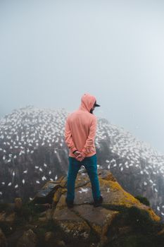 雾蒙蒙的山峰上，一个穿着连帽衫的人站在那儿，周围是一群鸟