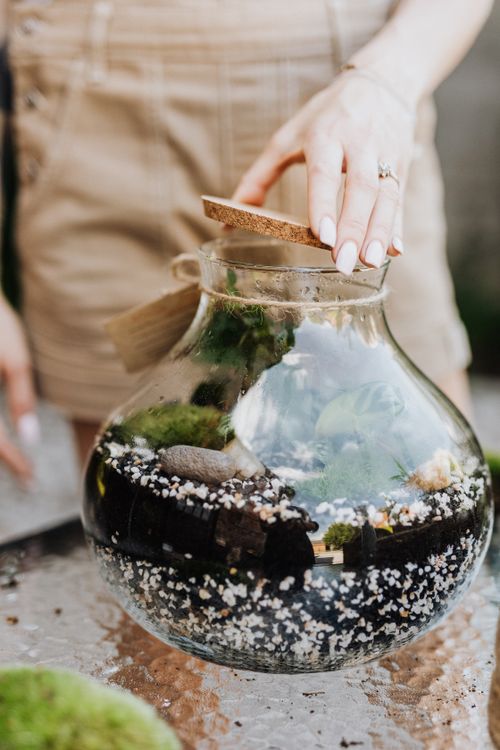 Free A woman placing a cork lid on a glass terrarium with plants and stones inside. Stock Photo