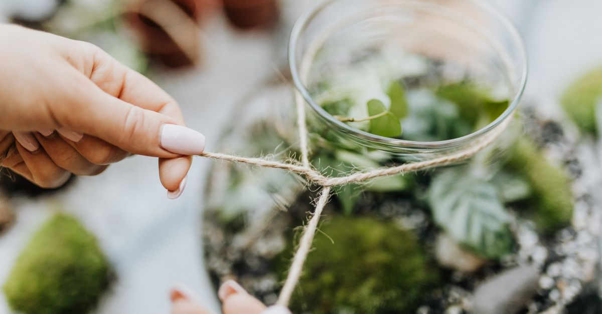 Visão detalhada de mãos amarrando corda de juta em um terrário de vidro com plantas verdes.